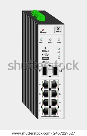 Industrial PoE Ethernet switch for DIN rail mounting. Contains 8 RJ-45 Ethernet ports, 2 fiber optic SFP ports, one USB console port. At the top is the power connector. Vector illustration.