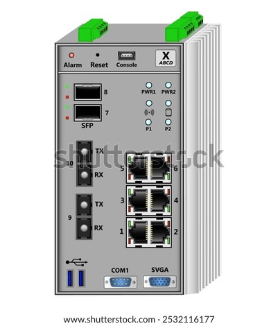 Router, server for DIN rail mounting. Contains 6 RJ-45, 2 fiber optic SC, 2 SFP, USB, COM and VGA ports. On top are power connectors and RS-485 ports. On the right side is a powerful radiator.