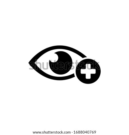 Human Eye with Plus, Farsighted Vision, Hyperopia. Flat Vector Icon illustration. Simple black symbol on white background. Human Eye with Plus Vision sign design template for web and mobile UI element