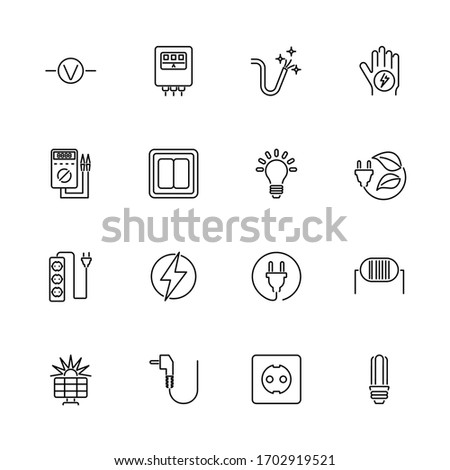 Electricity, Electrification outline icons set - Black symbol on white background. Electricity, Voltage Simple Illustration Symbol - lined simplicity Sign. Flat Vector thin line Icon - editable stroke