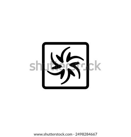 Black and white icon of a ventilation fan with rotating blades, enclosed in a square frame, representing air flow and ventilation, isolated on a white background.