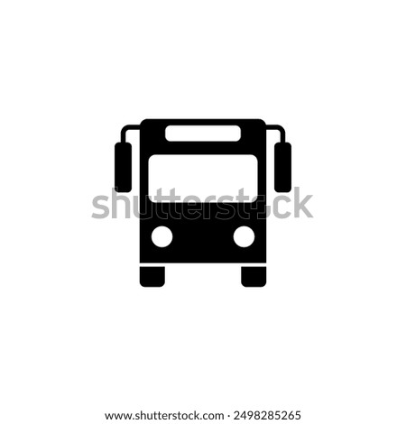 Black vector icon depicting a front-facing bus, ideal for use in city transportation and travel-related designs.