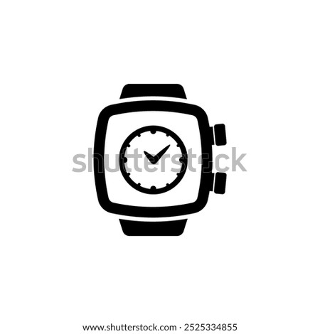 A simple black and white vector illustration of a stylized wristwatch icon, featuring a square watch face with analog hour and minute hands