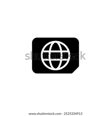 A black and white icon of a SIM card with a stylized globe design in the center