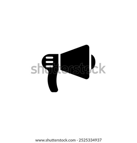 A simple black silhouette icon depicting a hand-held megaphone, representing announcement, amplification, and communication. Vector icon for website design, logo, app, ui