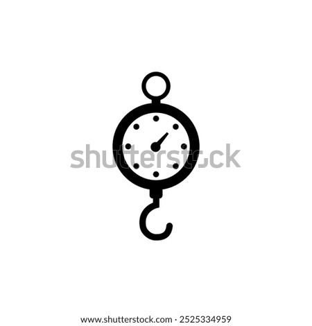 A simple black and white icon depicting a hanging weight or fishing scale, symbolizing measurement, weighing, or monitoring. Vector icon for website design, logo, app, ui