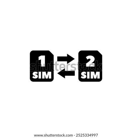 A simple black and white icon depicting the process of switching between two SIM card slots, represented by the numbers 1 and 2 and bidirectional arrows. Vector icon for website design, logo, app, ui