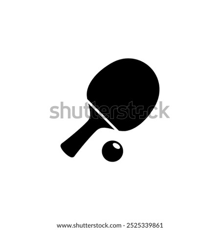 Minimalistic black vector icon illustrating a ping pong paddle and ball, perfect for sports and fitness related designs.