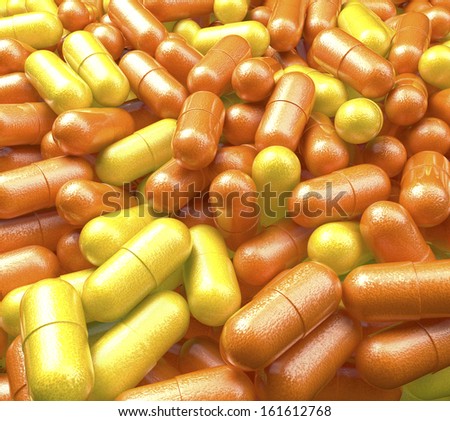 Heap, pool of vitamin pills with orange and lemon surface, medicine tablets, 3d rendering
