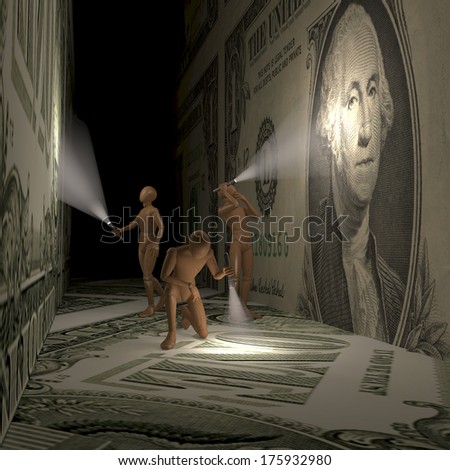 Three explorers, persons, puppets, characters in a dark tunnel, walls covered with dollar banknotes, 3d rendering