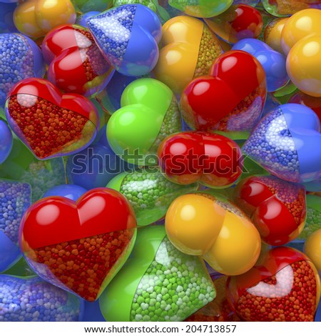 Group, pool of colorful, red, blue, green, yellow heart shaped pills, capsules filled with small tiny hearts as medicine, 3d rendering