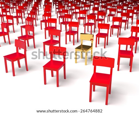 Giant group of red chairs with one golden chair in center, irregular grid, 3d rendering