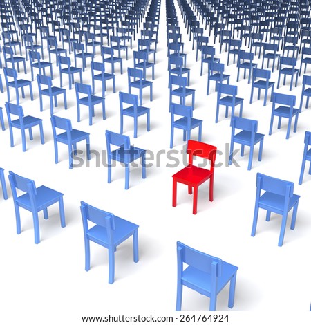 Giant group of blue chairs with one red chair standing in the opposite, wrong direction in center, regular grid, 3d rendering