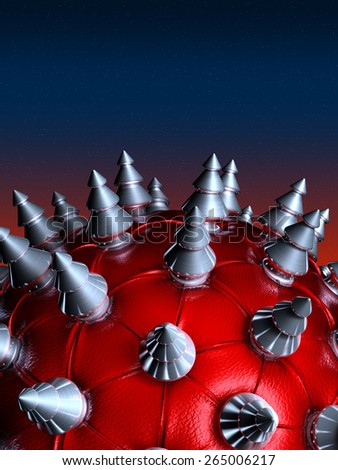 Red leather balls, chesterfield style, with reflecting steel spikes in shape of christmas trees, red-blue gradient background, 3d rendering