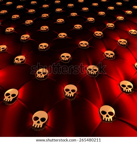 Upholstery surface, chesterfield style, material black latex, knobs golden skulls, 3d rendering, central perspective