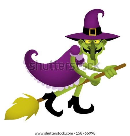 Cartoon Vector Funny Green Witch Riding A Broom - 158766998 : Shutterstock