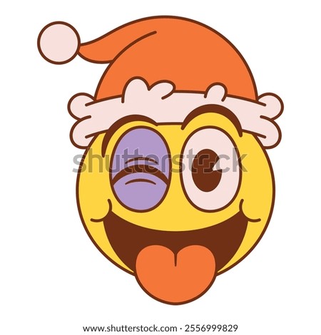 Vector Christmas Winking Face Tongue Emoji Crazy Cartoon Groovy Illustration Isolated