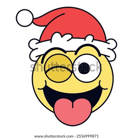 Vector Christmas Winking Face Tongue Emoji Crazy Cartoon Groovy Illustration Isolated