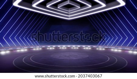 Full shot of a modern, virtual TV show background, ideal for artistic tv shows, tech infomercials or launch events. 3D rendering backdrop suitable on VR tracking system stage sets, with green screen Foto d'archivio © 