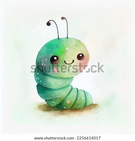 Cute caterpillar character, cartoon watercolor worm, green funny smiling garden insect, animal personage children book illustration. Adorable kawaii pest, larva, lovely bug with big eyes