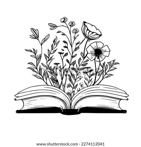 Book with flowers line art icon, isolated floral clipart. Open doodle storybook and wildflowers boho decorative composition, black and white spring or summer bouquet minimal vector drawing