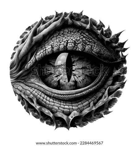 Dragon or dinosaur monster eye tattoo, sketch, tshirt print. Vector monochrome reptile eyeball and spiky skin. Realistic sketch of black and white fantasy creature pupil. Mythical animal eye drawing