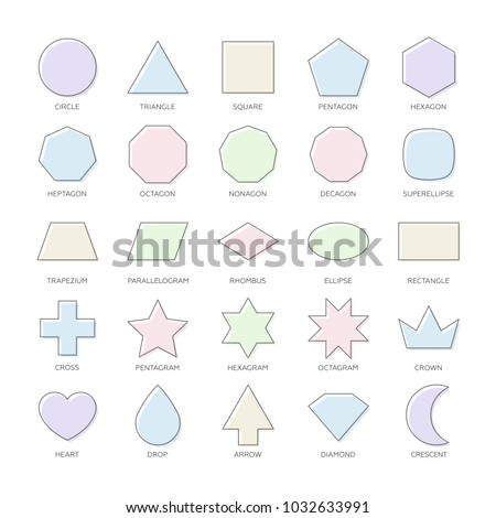 Outline vector set basic geometric shapes. Kids thin figures school collection. Triangle, square, pentagon, octagon, superellipse, trapezium, rhombus, ellipse, heart, octagram, diamond, star, polygon.