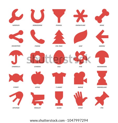 Basics red design shapes set. Simple pictogram collection of wrench, horseshoe, funnel, snowflake, bone, sharethis, phone, fir-tree, leaf, hourglass, sputnik, hourglass, sputnik, trolley, glass, hand