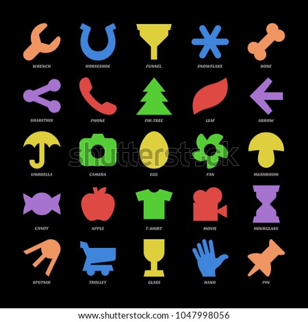 Basics color design icones set. 2d figure vector illustration. Simple shapes collection of wrench, horseshoe, funnel, snowflake, bone, sharethis, phone, fir-tree, leaf, hourglass, sputnik, trolley.