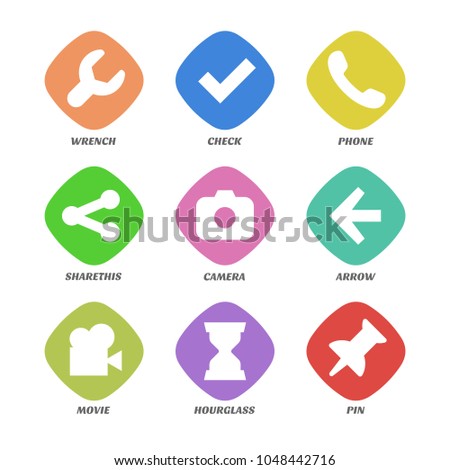 Basic design icons set. Simple design shapes in color superellipse button. Sign of wrench, check, phone, sharethis, camera, arrow, movie, hourglass, pin.