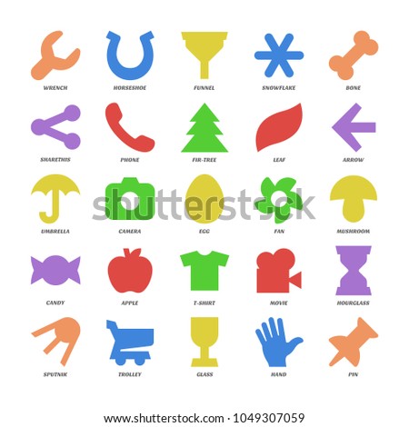 Basic color design shapes set. Simple icon collection of wrench, horseshoe, funnel, snowflake, bone, sharethis, phone, fir-tree, leaf, hourglass, sputnik, trolley, glass, hand, pin, t-shirt, movie.