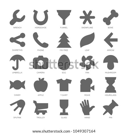 Basic design shapes set. Simple icon of wrench, horseshoe, funnel, snowflake, bone, sharethis, phone, fir-tree, leaf, arrow, umbrella, camera, egg, fan, mushroom, candy, apple, t-shirt, movie.