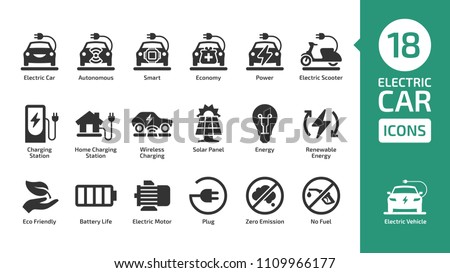 Electric car icon set with charger station, battery power and plug. Electricity vehicle shape pictogram collection.