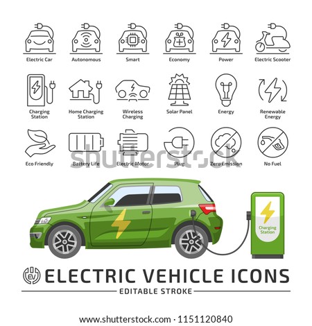 Electro vehicle editable stroke line icon set with electric eco car hatchback vector green mockup with charge station.