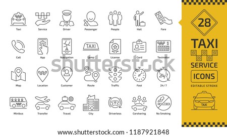 Vector taxi cab car service editable stroke line icon set with motor transport, driver, passenger on travel, people and city traffic thin outline sign.