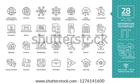 Information technology editable stroke outline icon set with IT network system, communication, online computer, website content, web design, software, data center, mobile device and app thin line sign