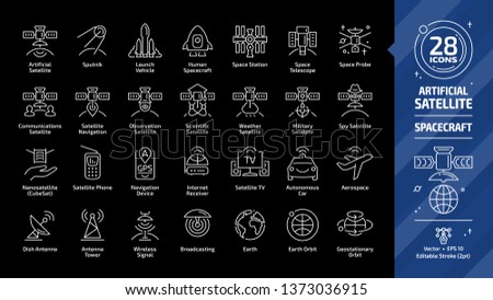 Satellite editable stroke outline icon set on a black background with dish and tower antenna, space station, earth orbit, wireless communication technology, GPS navigation signal and more line sign.