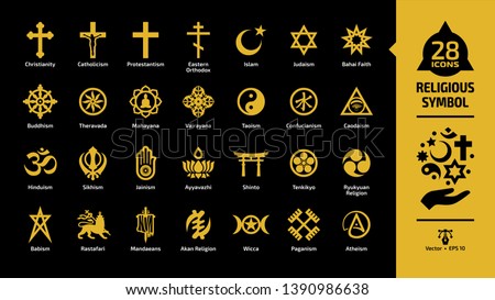 Religious symbol yellow icon set on a black background with christian cross, islam crescent and star, judaism star of david, taoism yin and yang, shinto torii gate religion glyph sign.