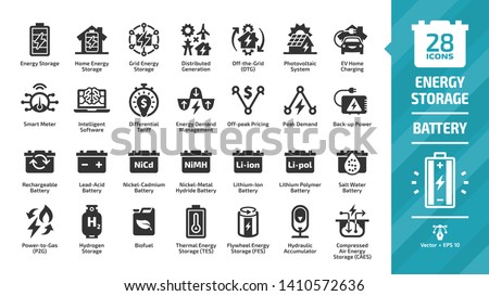 Energy storage icon set with distributed generation, solar panel system, off the grid, EV home charging, demand management, rechargeable battery and more glyph symbols.