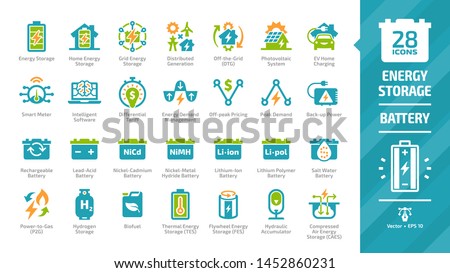 Energy storage color icon set with distributed generation, solar panel system, off the grid, EV home charging, demand management, rechargeable battery and hydraulic accumulator glyph pictograms.