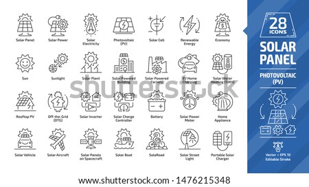 Solar panel outline icon set with sun power photovoltaic (PV) home system and renewable electric energy technology editable stroke line signs: house, cell, battery, vehicle, aircraft and spacecraft.