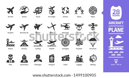 Aircraft icon set with flight plane glyph symbols: airplane, business jet, airport, fly aeroplane, commercial aviation, travel air, military fighter, airline, cargo aero transport landing and takeoff