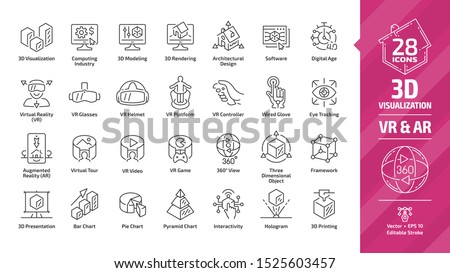 3D visualization outline icon set with virtual & augmented reality (VR & AR) visual technology editable stroke line symbols: architectural design, software, digital age, presentation and chart graph.