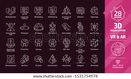 3D visualization outline icon set in dark mode with virtual & augmented reality (VR & AR) visual technology and presentation editable stroke line sign: three dimensional object, framework, graph chart