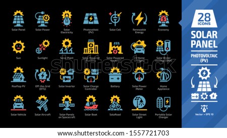 Solar panel color icon set in dark mode with sun power photovoltaic (PV) home system and renewable electric energy technology glyph symbols: EV home charging, solar water heating (SWH), rooftop.
