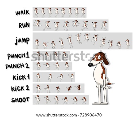Sprite sheet of cartoon character. The cartoon dog. Action pack: walk ...