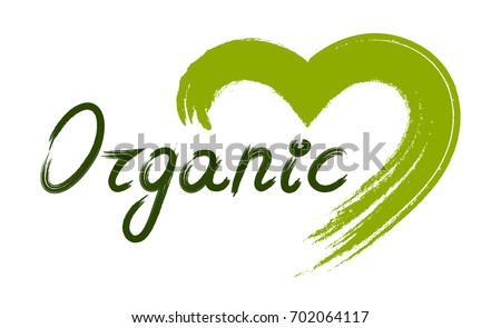 Organic green hand drawn lettering with green hand drawn heart. Vector illustration. Element for design. 商業照片 © 