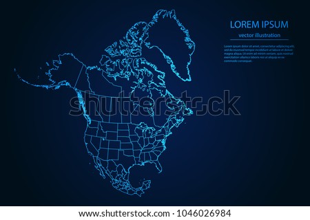 Abstract High Detailed Glow Blue Map on Dark Background of Map of North America symbol for your web site design map logo, app, ui,Travel. Vector illustration eps 10.