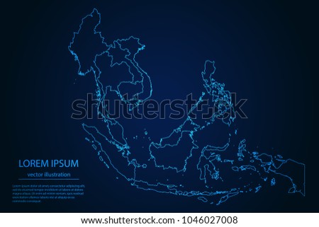 Abstract High Detailed Glow Blue Map on Dark Background of Map of Southeast Asia symbol for your web site design map logo, app, ui,Travel. Vector illustration eps 10.