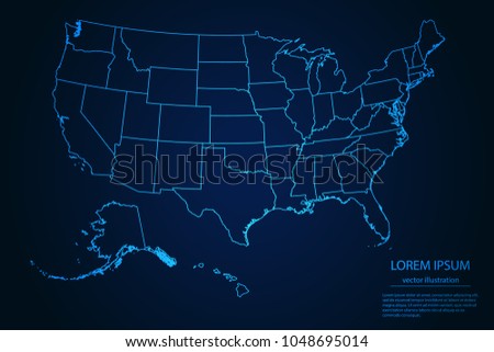 Abstract High Detailed Glow Blue Map on Dark Background of Map of United States of America symbol for your web site design map logo, app, ui,Travel. Vector illustration eps 10.